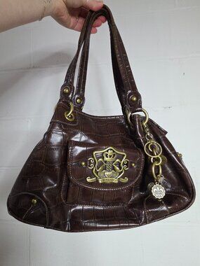 y2k McBling Latte Girl Cathy Ireland Oversized Brown Croc Handbag w/ Purse Charm